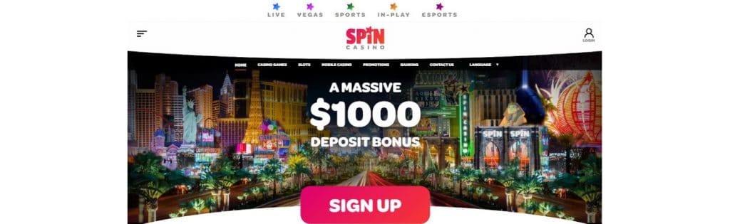 screenshot of spin casino homepage