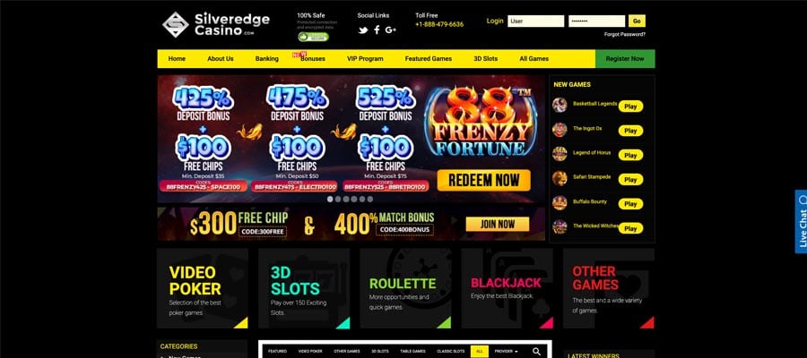 screenshot silveredge casino interface