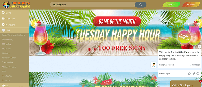 tropicalbit screenshot casino interface